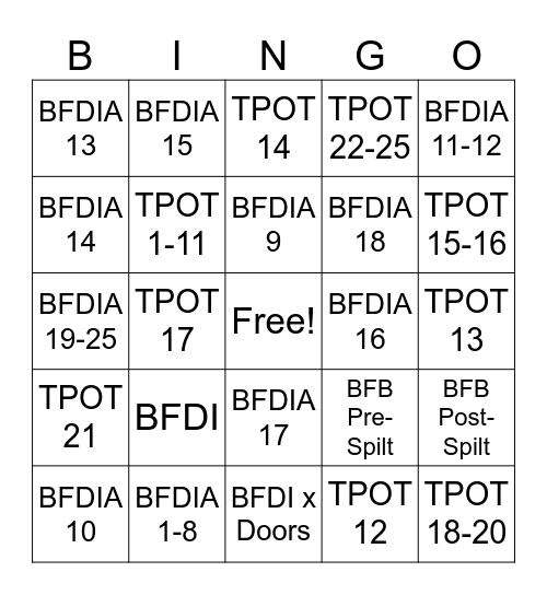 BFDI x Doors Bingo Card