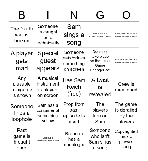 Game Changer Bingo Card