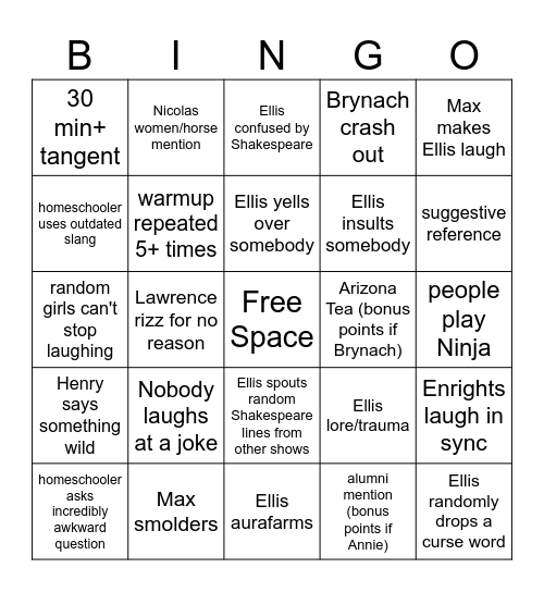 Cymbeline Bingo Card