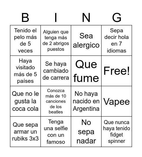 Encontra a alguien que... (escribir su nombre) Bingo Card