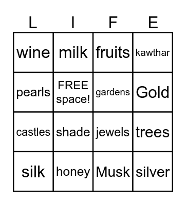 Things in Jannah Bingo Card