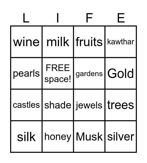 Things in Jannah Bingo Card