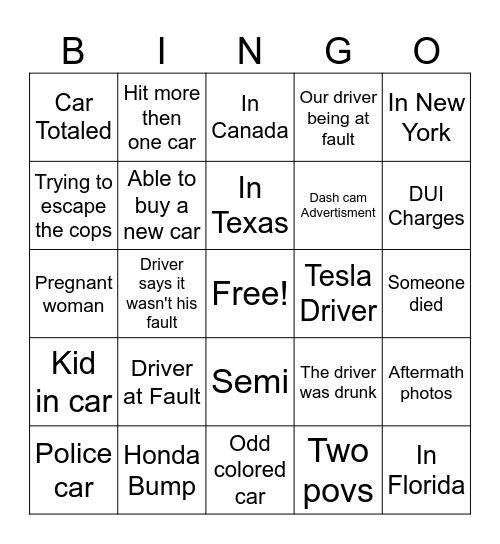 Car Crashes Bingo Card