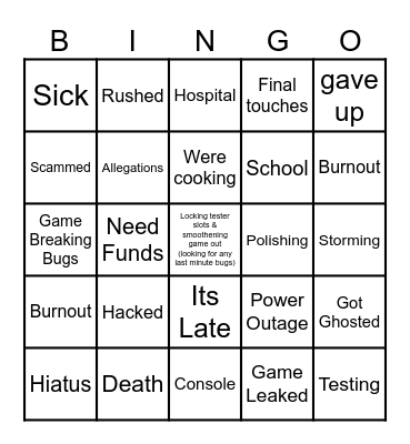 Delay Excuses Bingo Card