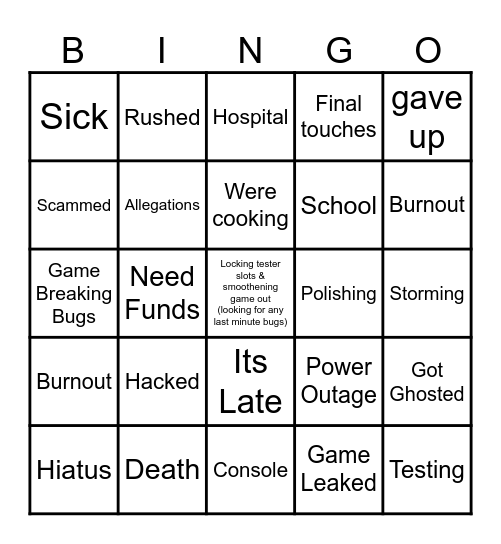 Delay Excuses Bingo Card