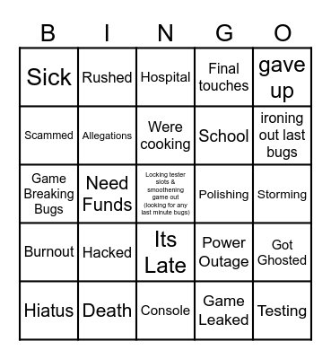 Delay Excuses Bingo Card