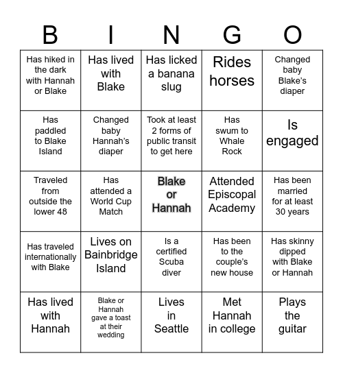 Hannah and Blake's Wedding Weekend Bingo Card