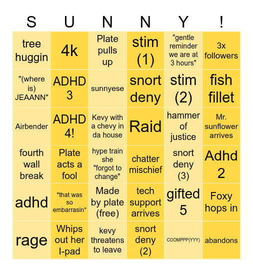 Sunny Sunday 9/13 Bingo Card