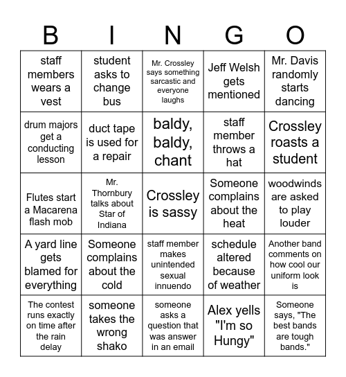 Marching Miller Bingo Card