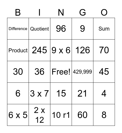 MATH BINGO Card