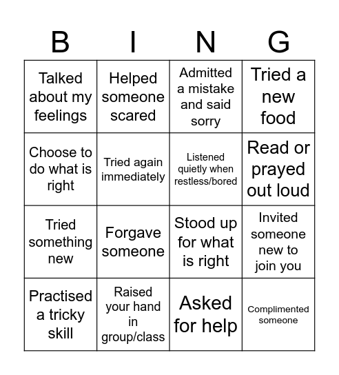 Bravery Bingo Card