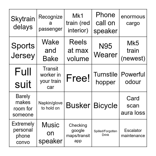 Skytrain Bingo Card