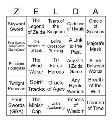 Zelda Games You've Played Bingo Card
