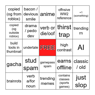 ROBLOX SLOPPY GAMES Bingo Card