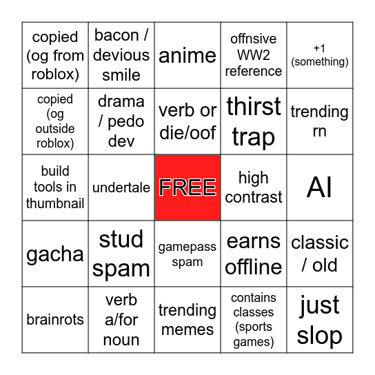 ROBLOX SLOPPY GAMES Bingo Card
