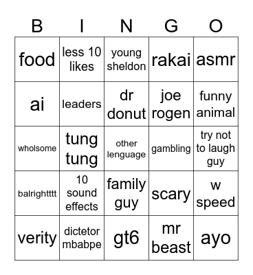 shorts Bingo Card