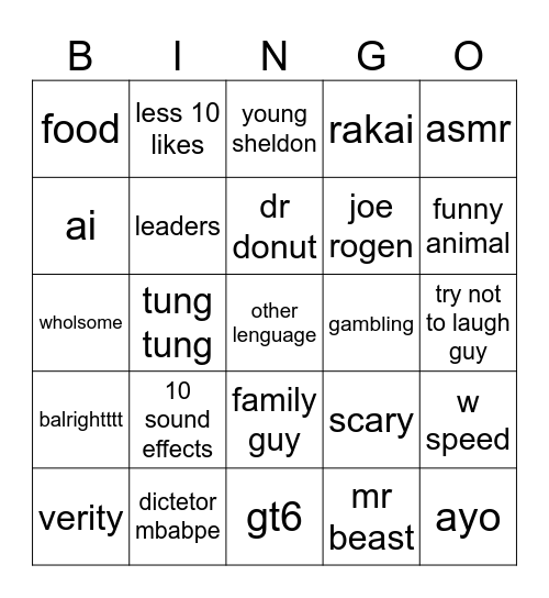 shorts Bingo Card