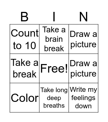 Calm Down Bingo Card