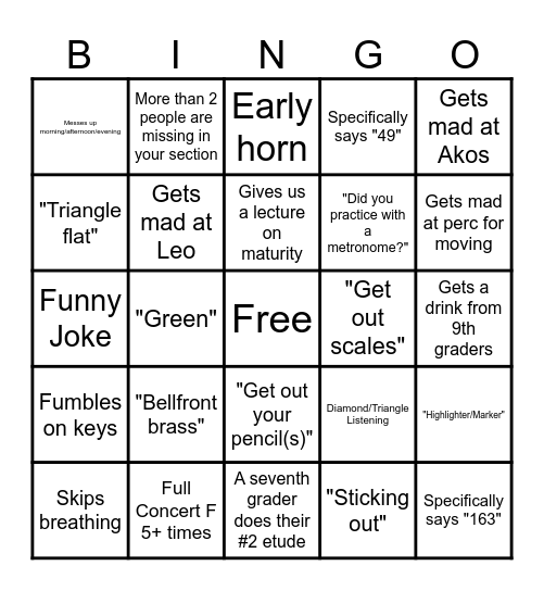 Friday Band Bingo Card