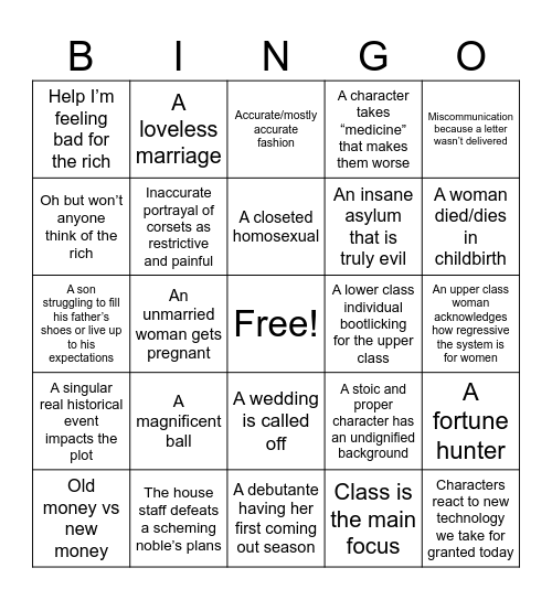 Fictional Period Show Bingo Card