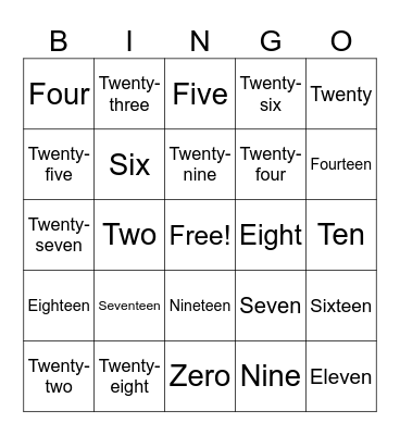 Numbers 0 - 30 Bingo Card
