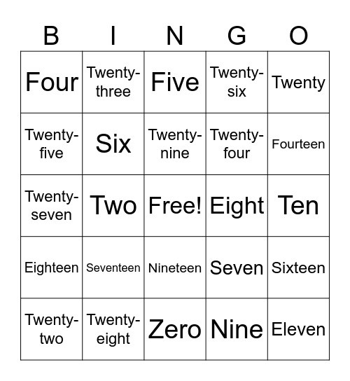 Numbers 0 - 30 Bingo Card