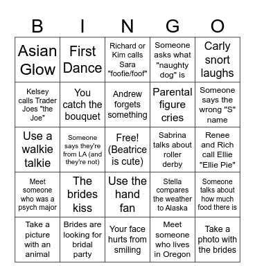 Ellie and Sara's Wedding Bingo Card
