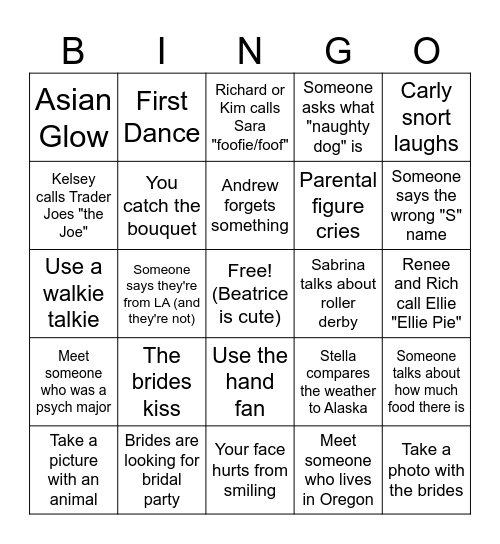 Ellie and Sara's Wedding Bingo Card