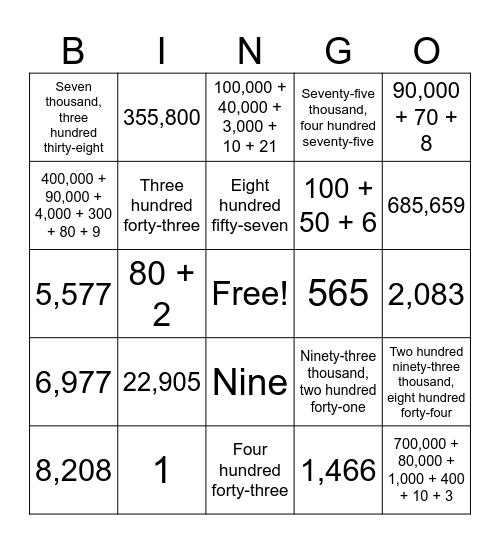 Place Value BINGO Card