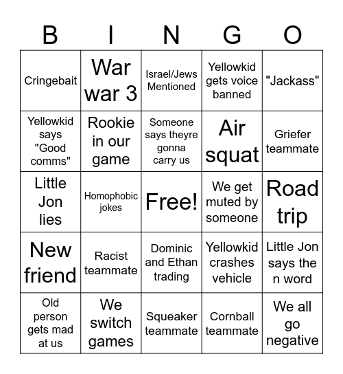 Tactical Headless Chickens Bingo Card