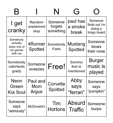 ROAD TRIP BINGO Card