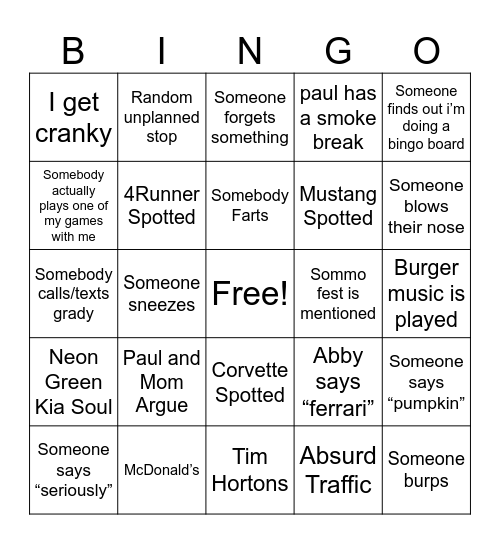 ROAD TRIP BINGO Card