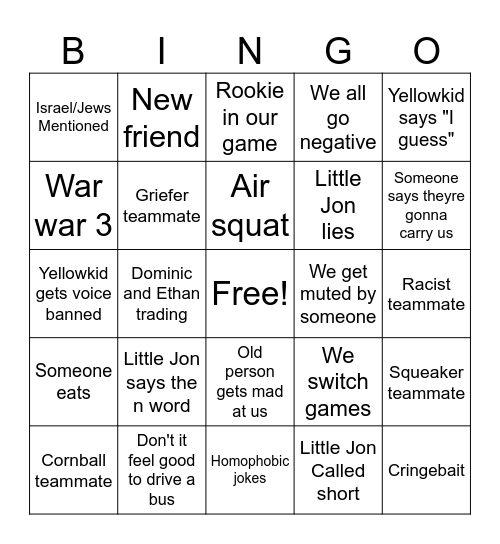 Tactical Headless Chickens Bingo Card