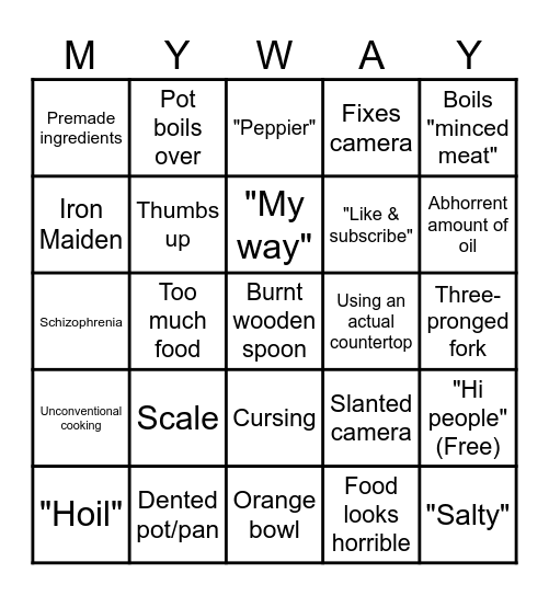 Kays Kooking Bingo Card
