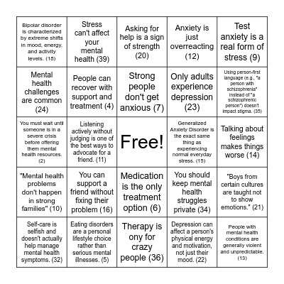 Mental Health Bingo Card