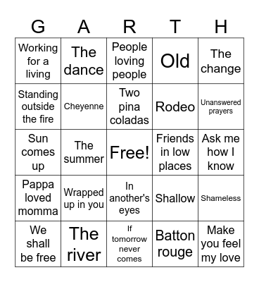 Garth Brooks setlist Bingo Card