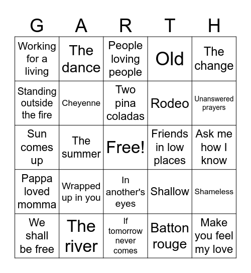 Garth Brooks setlist Bingo Card