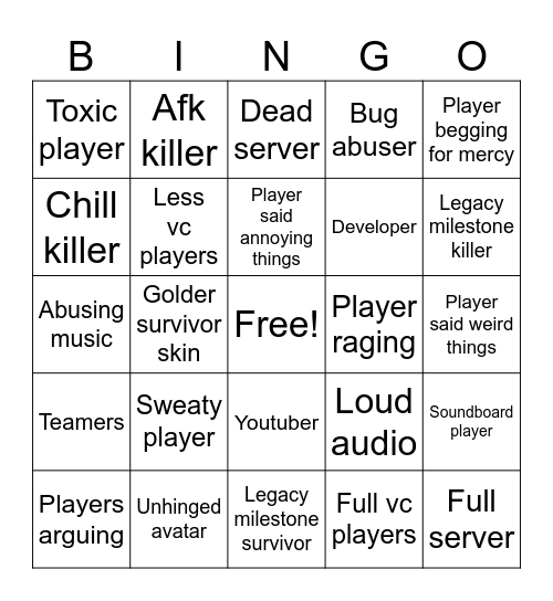 Forsaken vc server bingo Card