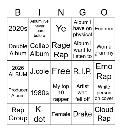 RAP ALBUM BINGO Card