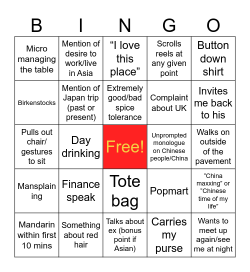 Shanghai White Man Date Bingo Card