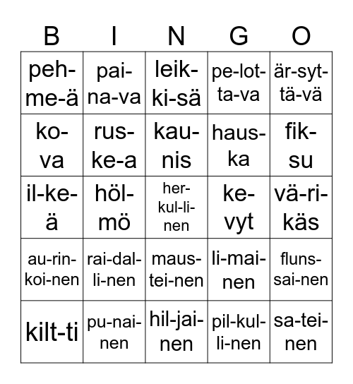 Ku-vai-le-vat sanat eli ad-jek-tii-vit Bingo Card