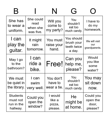 Modal Verbs  Bingo Card