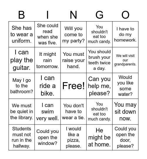 Modal Verbs  Bingo Card