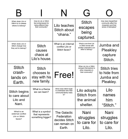 Community & Belonging and Lilo & Stitch Bingo Card