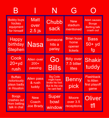 Bills vs Texans Bingo Card