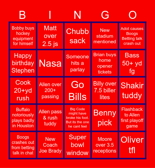 Bills vs Texans Bingo Card