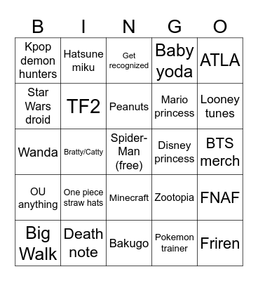 Comic Con Bingo Card