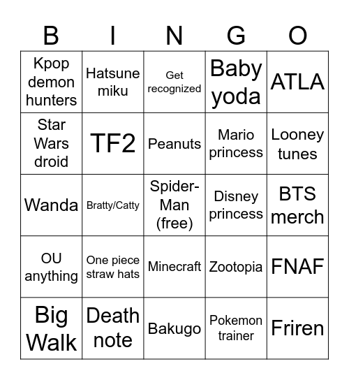 Comic Con Bingo Card