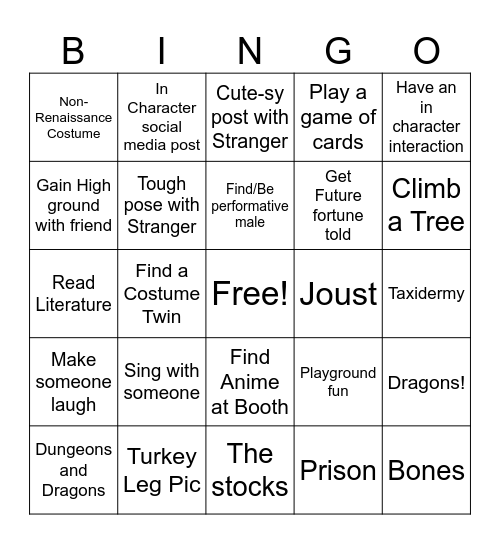 Renaissance Fair Bingo Card