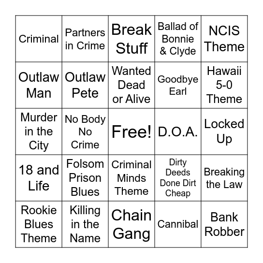 Criminal Bingo Card
